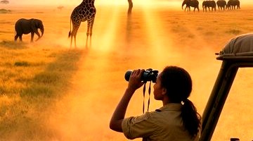 Safari guide watching wildlife on the Serengeti plains