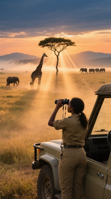 Safari guide watching a giraffe and elephants at sunset